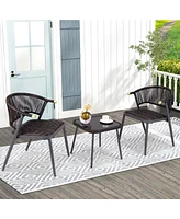 Costway 3 Pcs Patio Rattan Furniture Set with Tempered Glass Tabletop Wicker Seat