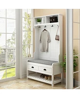 Famapy 68.5 in. White Wood 3-in-1 Hall Tree Coat Rack Storage Bench with 4-Metal Double Hooks and 2-Drawers, Shelves