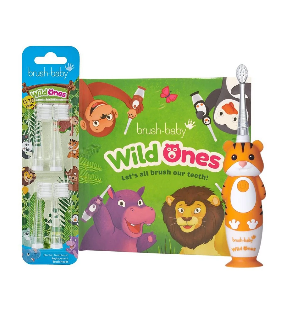 Brush-Baby WildOnes Tiger Kids Rechargeable Toothbrush Gift Set | Childrens Electric Toothbrush