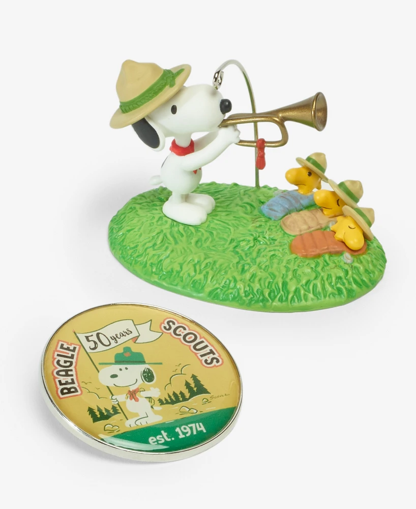 Hallmark Keepsake Christmas Ornament and Pin The Peanuts Gang Beagle Scouts 50th Anniversary Rise and Shine, Set of 2