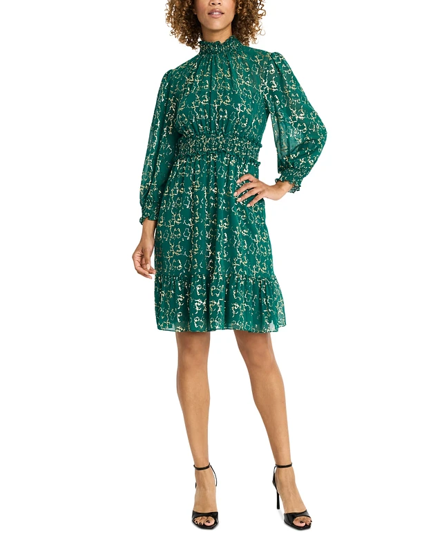 green emerald velvet dress Pleated Long Sleeve Midi Dress Navy/Yellow / Standard / 12 main image 1