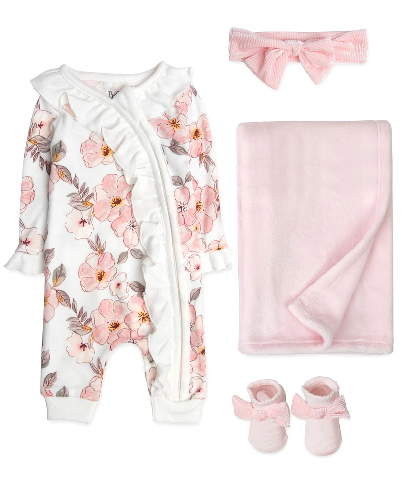 Baby Essentials Girl Floral Coverall, Blanket, Headband & Sock, 4-Piece Set