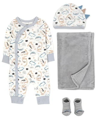 Baby Essentials Boy Dino Coverall, Blanket, Hat & Sock, 4-Piece Set