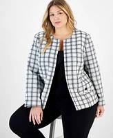 Kasper Plus Tweed Open-Front Collarless Cardigan