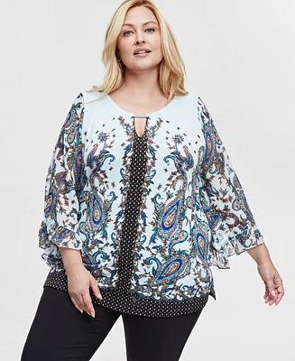 Jm Collection Plus PrintED Wide-Sleeve Top, Exclusively at Macy's