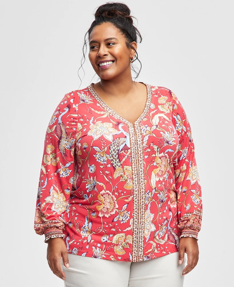 Jm Collection Plus Printed Blouson-Sleeve Top, Exclusively at Macy's