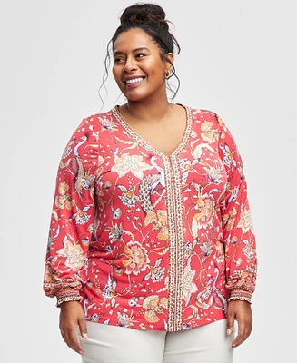 Jm Collection Plus Size Printed Blouson-Sleeve Top, Exclusively at Macy's