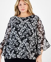 Kasper Plus Size Printed Crewneck Ruffle-Sleeve Blouse