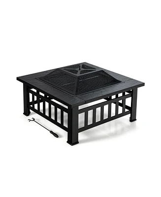 Skonyon 32 Inch 3 in 1 Outdoor Square Fire Pit Table with Bbq Grill and Rain Cover for Camping