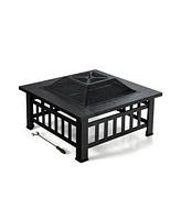 Skonyon 32 Inch 3 in 1 Outdoor Square Fire Pit Table with Bbq Grill and Rain Cover for Camping