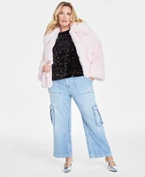 On 34th Trendy Plus Faux Fur Long Sleeve Teddy Jacket Velvet Sequin Short Sleeve Sweater Light Wash High Rise Utility Cargo Jeans 0 26w Created For Macys