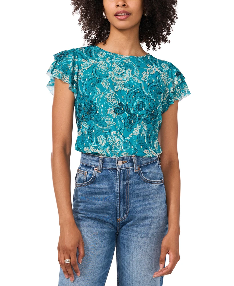 Vince Camuto Women's Metallic Paisley Flutter-Sleeve Top