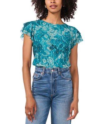 Vince Camuto Women's Metallic Paisley Flutter-Sleeve Top