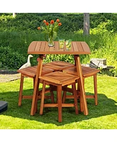 Sugift 5 Pieces Wood Patio Dining Set with Square Table and 4 Stools