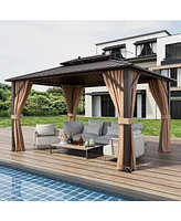 Sugift 10x13ft Double-Roof Patio Hardtop Gazebo with Galvanized Steel Roof Netting and Curtains-Coffee
