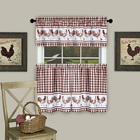 Kate Aurora Country Farmhouse Barnyard Plaid Rooster Kitchen Curtain Tier & Valance Set