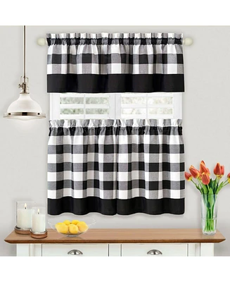 Kate Aurora Modern Country Farmhouse 3 Piece Plaid Checkered Cafe Kitchen Curtain Tier & Valance Set