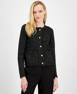 T Tahari Women's Metallic Crewneck Button Cardigan