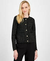 T Tahari Women's Metallic Crewneck Button Cardigan