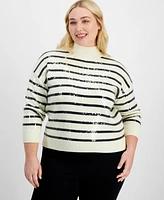 On 34th Trendy Plus Sequin Striped Mock-Neck Sweater, Exclusively at Macy's