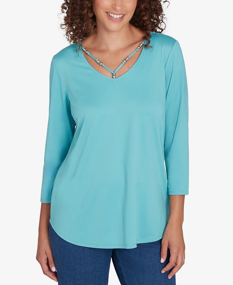 Ruby Rd. Petite V-Neck Solid Knit Top with Bead Detail