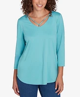 Ruby Rd. Petite V-Neck Solid Knit Top with Bead Detail