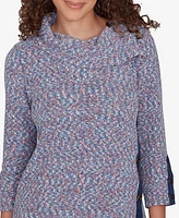 Ruby Rd. Petite Split Cowl Neck Speckled Chenille Asymmetric Knit Top with Solid Trim Detail