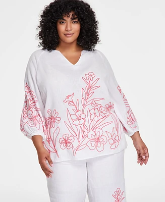 Charter Club Plus 100% Linen Embroidered Blouson-Sleeve Shirt, Exclusively at Macy's