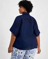 Charter Club Plus 100% Linen Crocheted-Inset Shirt, Created for Macy's