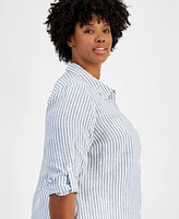 Charter Club Plus Linen Striped Button-Up Shirt, Exclusively at Macy's