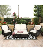 Sugift 5 Pieces Patio Rattan Sofa Set with Cushion and Ottoman