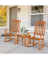 Sugift 3 Pieces Eucalyptus Rocking Chair Set with Coffee Table