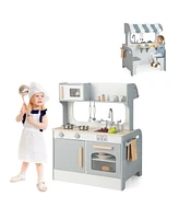 Sugift Double Sided Kids Pretend Kitchen Playset with 2-Seat Cafe