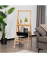3 Step Foldable Bamboo Step Ladder Stool with Tool Storage Bag
