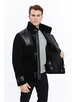 Furniq Uk Men's Leather Shearling Jacket, Black