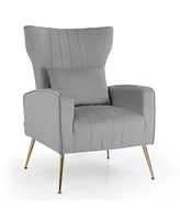 Costway Velvet Upholstered Wingback Chair with Lumbar Pillow & Golden Metal Legs