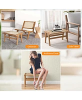 Costway 1 Pcs Ottoman Footstool Natural Teak Wooden Foot Rest with Handwoven Rattan Indoor