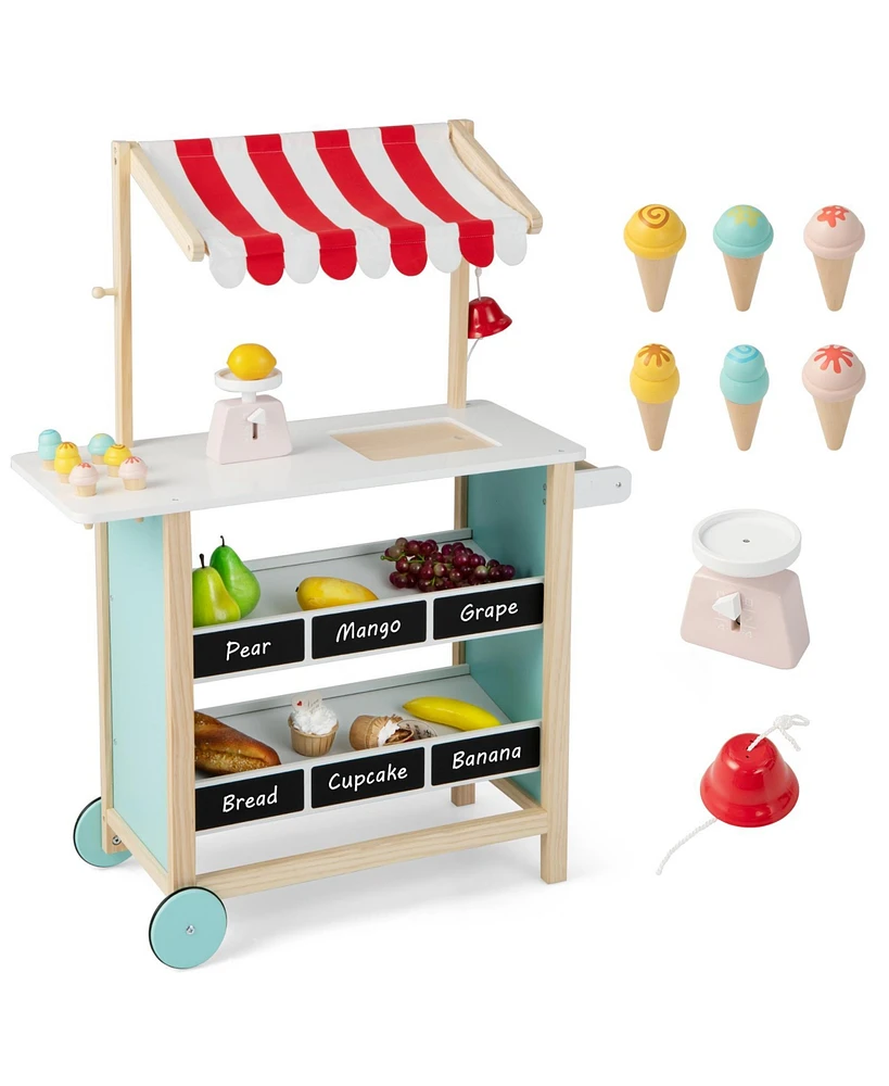 Costway Kids Ice Cream Cart Wooden Toddler Farmers Market Stand with Chalkboard & Storage