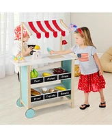 Costway Kids Ice Cream Cart Wooden Toddler Farmers Market Stand with Chalkboard & Storage