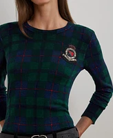 Lauren Ralph Women's Black Watch Plaid Beaded-Crest Sweater