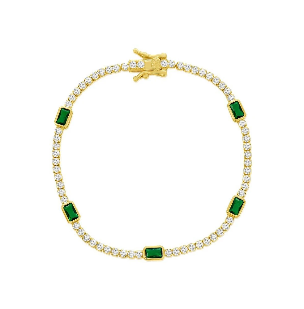 Simona Sterling Silver, Rectangle Bezel-Set & Round Cz Gold Plated Bracelet - Emerald