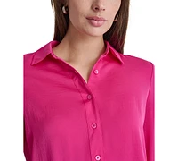 Dkny Jeans Petite Buttoned-Cuff Fold-Collar Blouse