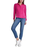 Dkny Jeans Petite Buttoned-Cuff Fold-Collar Blouse