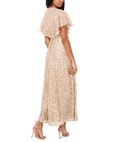 Parker The Rose Metallic-Print Flutter-Sleeve Maxi Dress