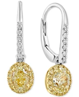 Effy Yellow Diamond (1-1/10 ct. t.w.) & White Diamond (1/10 ct. t.w.) Oval Halo Leverback Drop Earrings in 18k Two-Tone Gold - Two