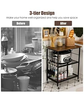 Sugift 3-Tier Kitchen Serving Cart Utility Standing Microwave Rack with Hooks
