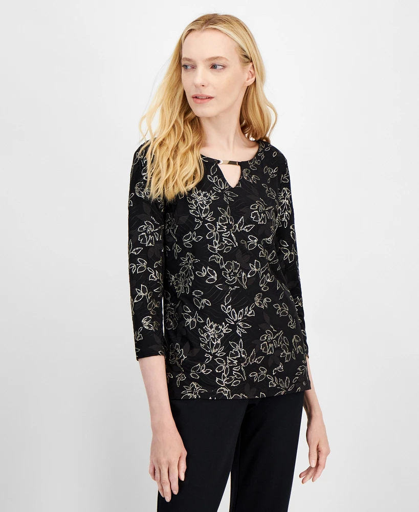 Jm Collection Women's Glitter-Jacquard 3/4-Sleeve Top, Created for Macy's