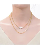 Genevive Sterling Silver 14K Yellow Gold Plated Genuine Freshwater Pearl Lobster Claw Layered Necklace