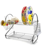 Megachef 16 Inch Two Shelf Dish Rack with Easily Removable Draining Tray, 6 Cup Hangers and Removable Utensil Holder