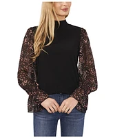 CeCe Women's Sheer Printed Long-Sleeve Mock Neck Top